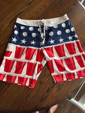 CARBON Men's Red SOLO cup, White & Blue Patriotic Swim Trunks